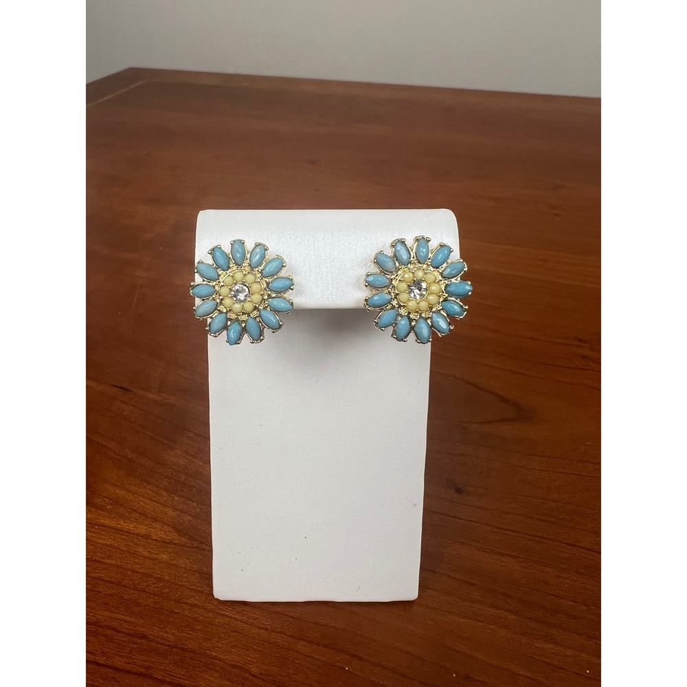 Blue Yellow Floral Stud Earrings Gold Tone Rhinestone Center Sunflower Design